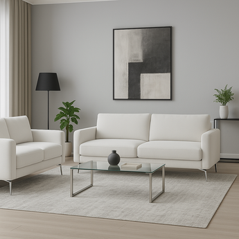 Juego de Sofá NORUEGA Blanco: Moderno, Elegante, Tapicería Beige, Patas Negras