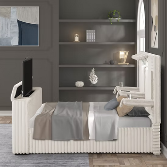 Elegante Cama Blanca Destiny con TV Integrada y Almacenamiento Moderno