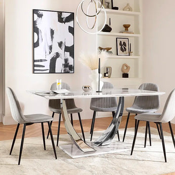 Mesa Comedor Beli Lujo, Tapa Mármol Gris, Base Cromada, 6 Plazas