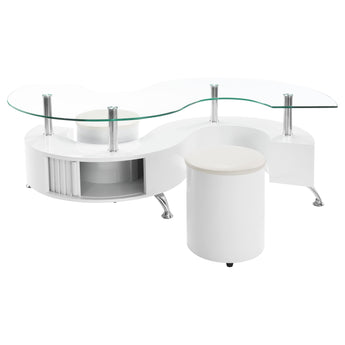 Buckley Curved Glass Top Coffee Table With Stools White High Gloss - MartincFurniture