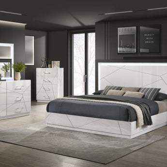 Elegante Juego de Dormitorio Dubai Queen LED Blanco Brillante Moderno de 4 Piezas