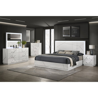 Elegante Juego de Dormitorio Dubai Queen LED Blanco Brillante Moderno de 4 Piezas