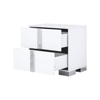 Mesita de Noche Manhattan Blanca Brillante con Detalles Cromados Modernos