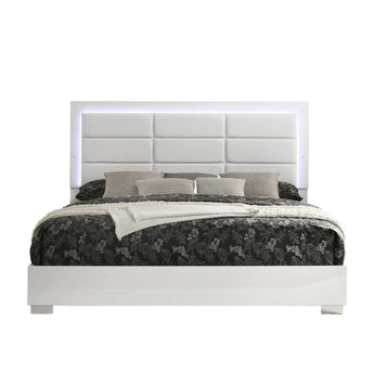 Cama Queen Manhattan Blanco Alto Brillo, Cabecero LED, Diseño Moderno Elegante