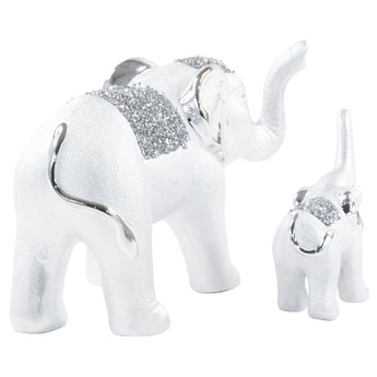 Set Decorativo Elefantes Madre y Cría Diamantados Plata Cerámica Elegante Hogar