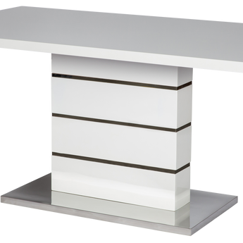 Mesa de Comedor Clara: Blanca Brillante, Detalles Cromados, Moderna y Espaciosa