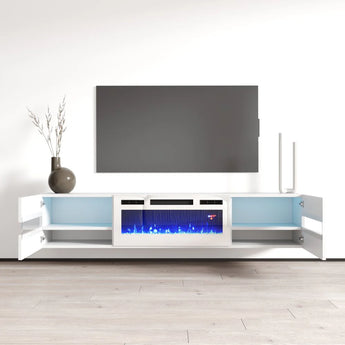 Mueble TV Flotante Blanco LED Moderno, Chimenea Eléctrica, Amplio Almacenamiento