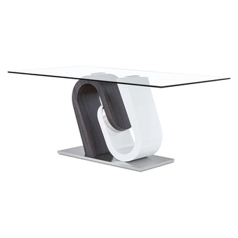 Mesa Comedor Anoris: Cristal Templado, Pedestal Blanco/Gris, Base Cromada Elegante