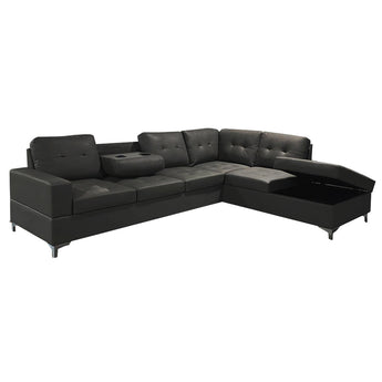 Sofá Seccional Antonella Negro Derecho Moderno, Piel Bonded, Doble Portavasos