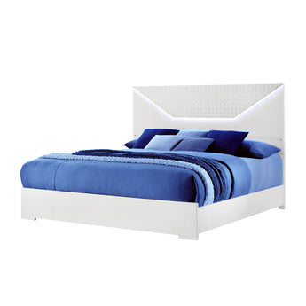 Cama Queen Brooklyn Blanca Lacada, Moderna, con Cabecero LED Integrado