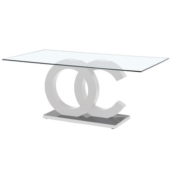 Elegante Mesa Comedor Brunella Vidrio Transparente Pedestal Blanco Brillante Cromo
