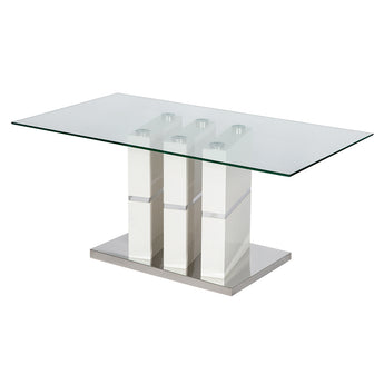 Mesa de Comedor Derick: Tapa Cristal, Pedestal MDF Blanco Brillante, Base Cromada
