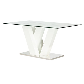 Mesa de Comedor Diona: Vidrio, Laca Blanca Brillante, Base Cromada Moderna