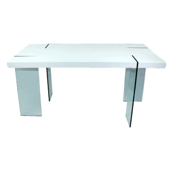 Mesa de Comedor DT25: Tapa MDF Blanco Brillante, Patas Cristal Templado Elegante