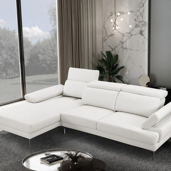 Sofá Seccional Kim Blanco Izquierdo Reclinable, Cuero Ecológico, Patas Cromadas Modernas