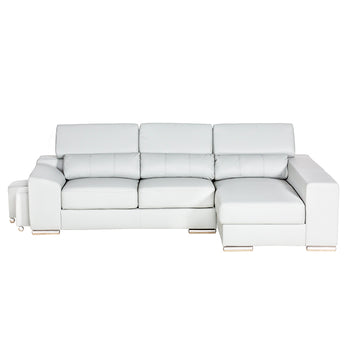 Sofá Seccional Londres Blanco Moderno con Chaise, Puf Oculto y Cabeceros Ajustables
