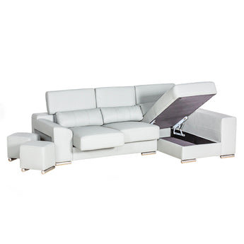 Sofá Seccional Londres Blanco Moderno con Chaise, Puf Oculto y Cabeceros Ajustables