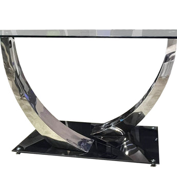 Mesa de Centro Olivia Sofisticada, Base Cromada Brillante y Vidrio Negro Elegante