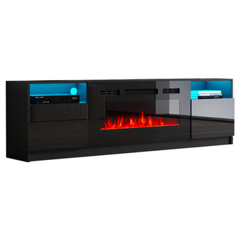 Elegante Mueble TV Negro Chimenea Eléctrica Integrada 180cm Moderno Entretenimiento
